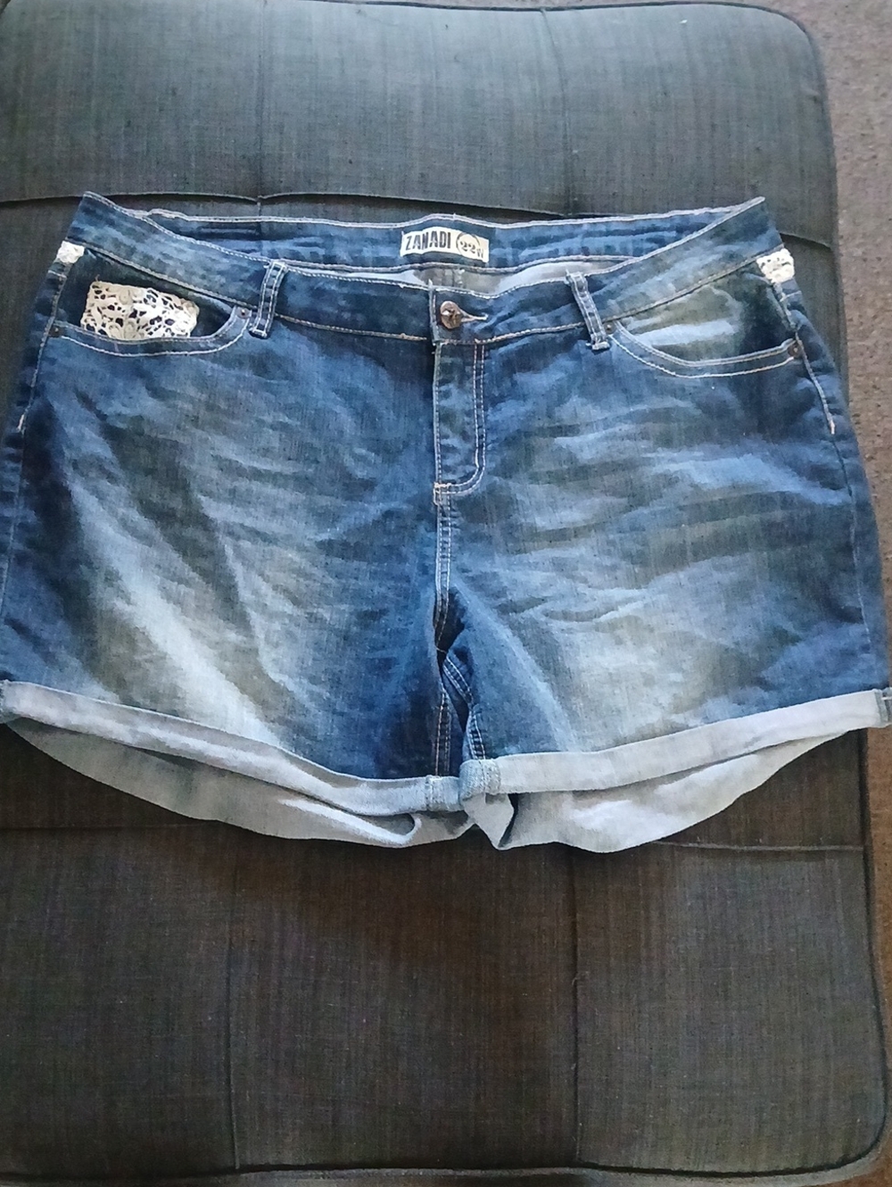 Zanadi Blue Washed Denim Shorts with Crochet Pocket Detail